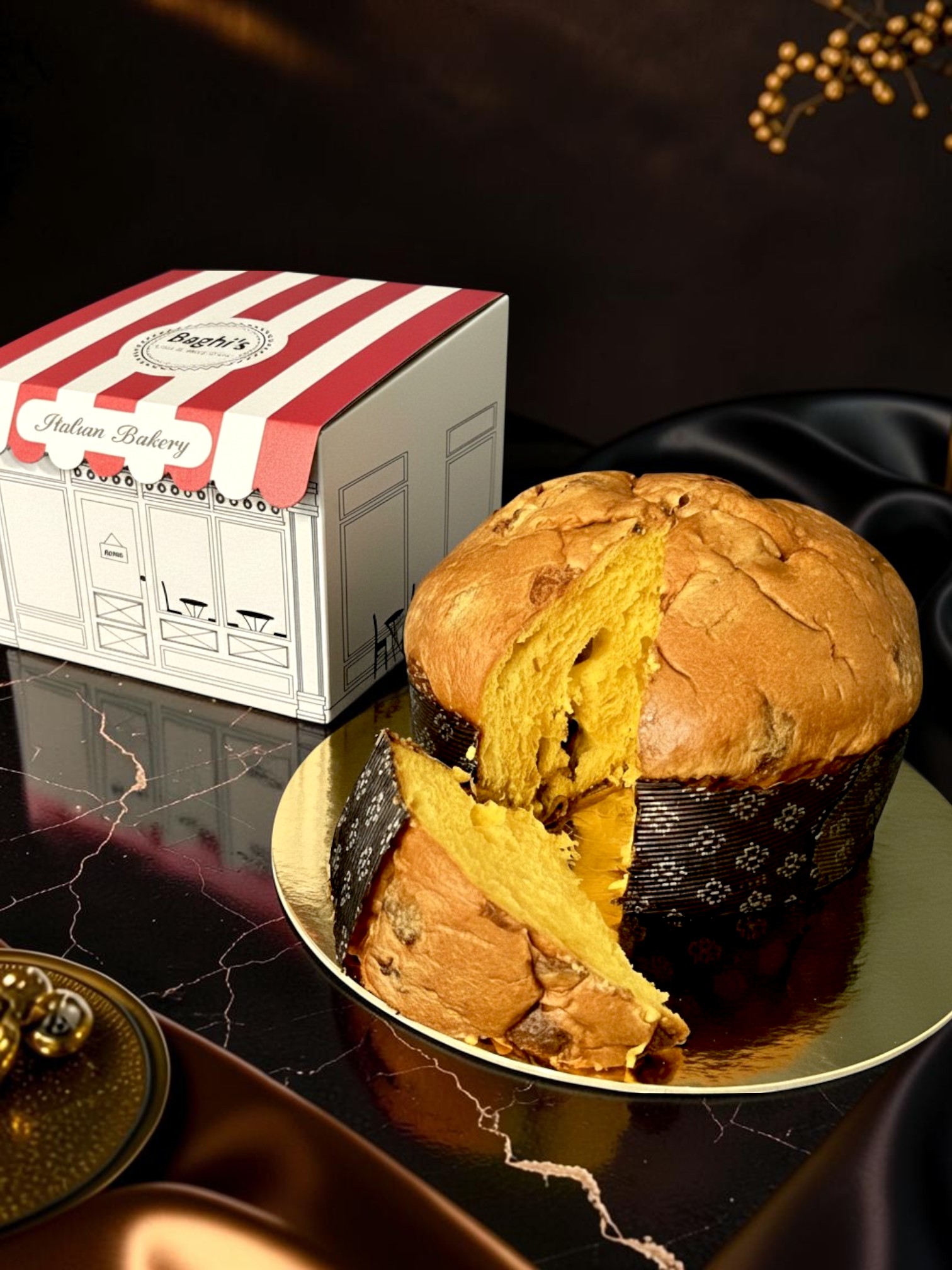 Panettone alcolico artigianale Baghi's aperto con confezione